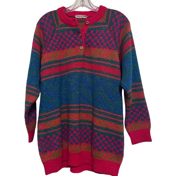 Vintage 1980's Italian Mohair Wool Bright Colored Geometric Long Sleeve Sweater - Picture 6 of 15